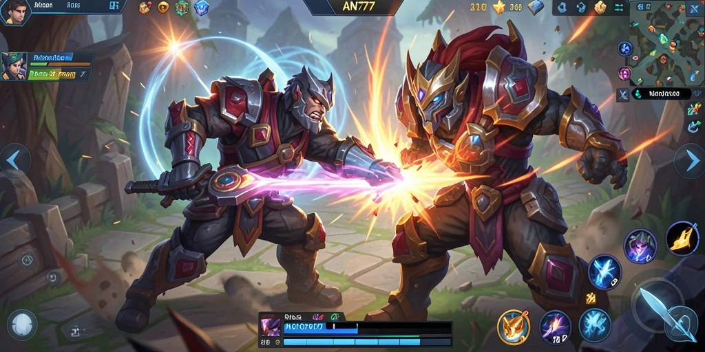 Screenshot AN777 menampilkan pertempuran seru dalam arena MOBA.