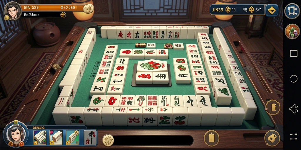 Tampilan gameplay seru JIN33 dengan batu Mahjong yang berwarna-warni.