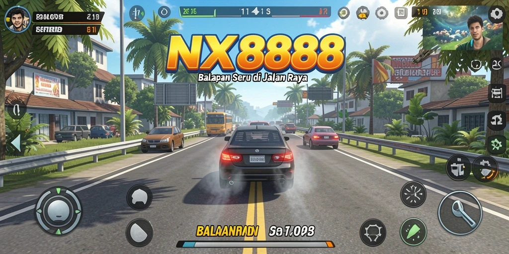 Screenshot gameplay NX888 dengan balapan seru di jalan raya.
