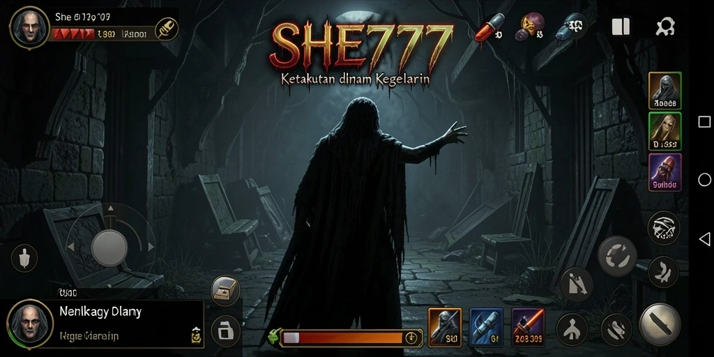 Screenshot utama gameplay <strong>SHE777</strong> menampilkan suasana mencekam dan karakter yang terjebak.